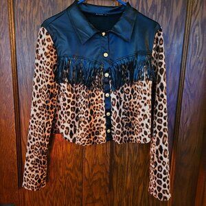 Leopard Faux Leather Fringe Shirt - leopard - black Sz L
